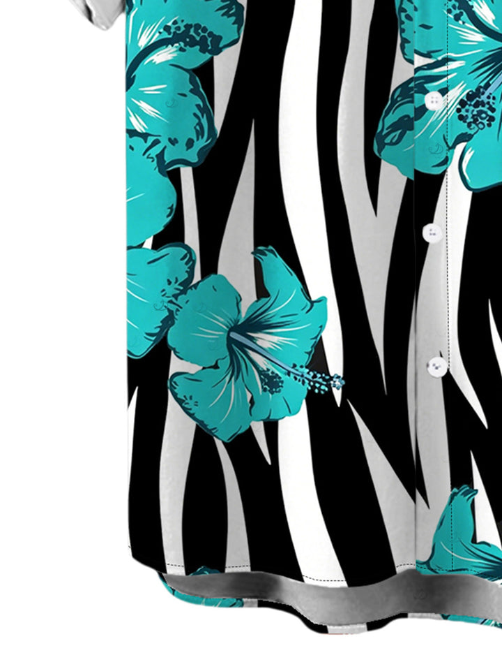 Men's Tropical Hibiscus Floral Zebra Print Button Up Hawaiian Vacation Shirt