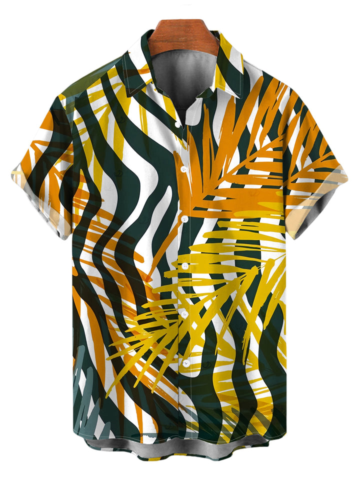 Men's Tropical Palm Leaf Zebra Print Button Up Hawaiian Vacation Shirt