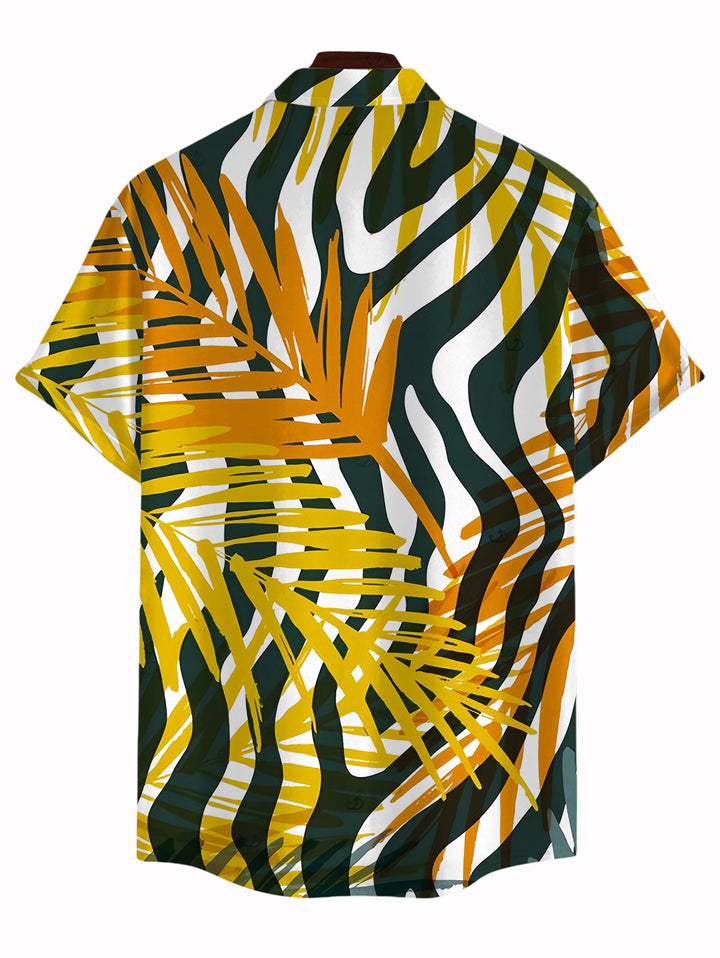 Men's Tropical Palm Leaf Zebra Print Button Up Hawaiian Vacation Shirt
