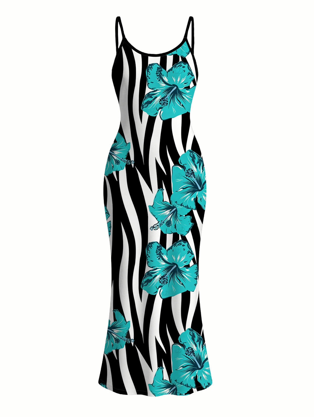 Tropical Hibiscus Floral Zebra Print Spaghetti Strap Maxi Bodycon Hawaiian Vacation Dress