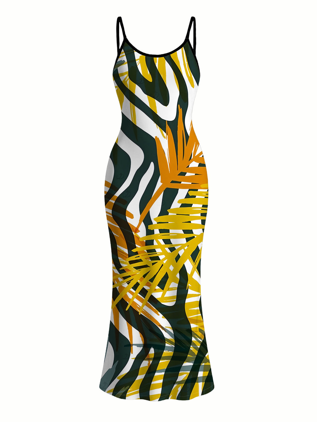Tropical Palm Leaf Zebra Print Spaghetti Strap Maxi Bodycon Hawaiian Vacation Dress