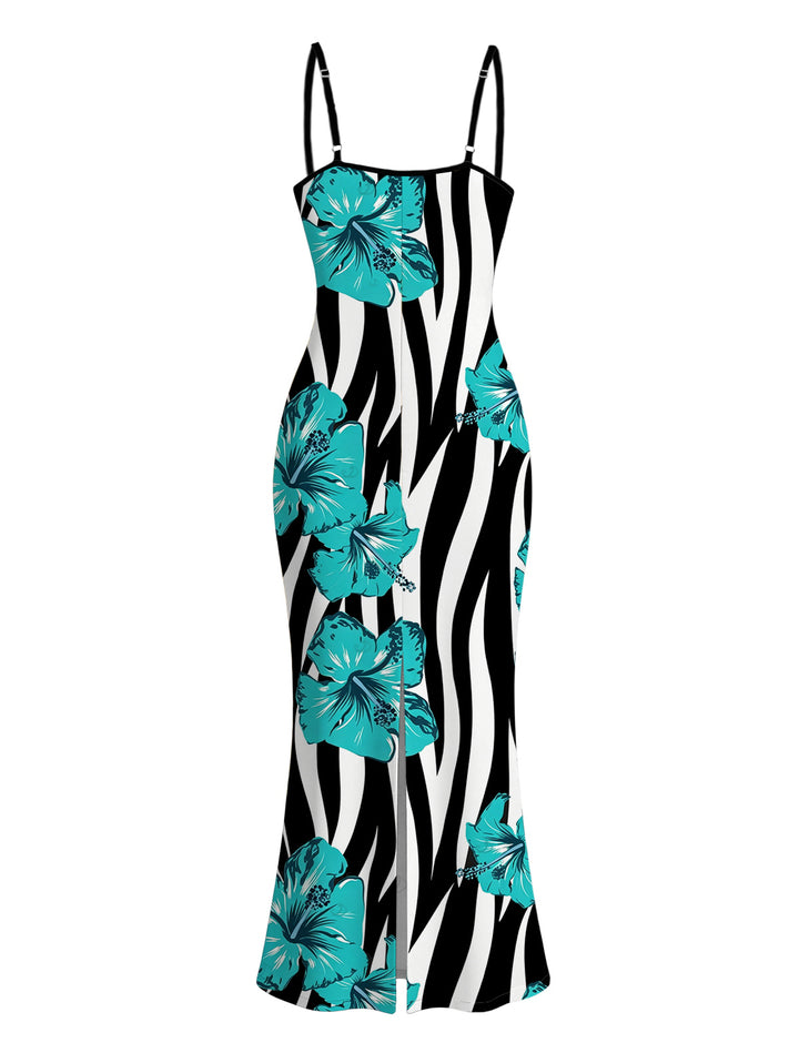 Tropical Hibiscus Floral Zebra Print Spaghetti Strap Maxi Bodycon Hawaiian Vacation Dress