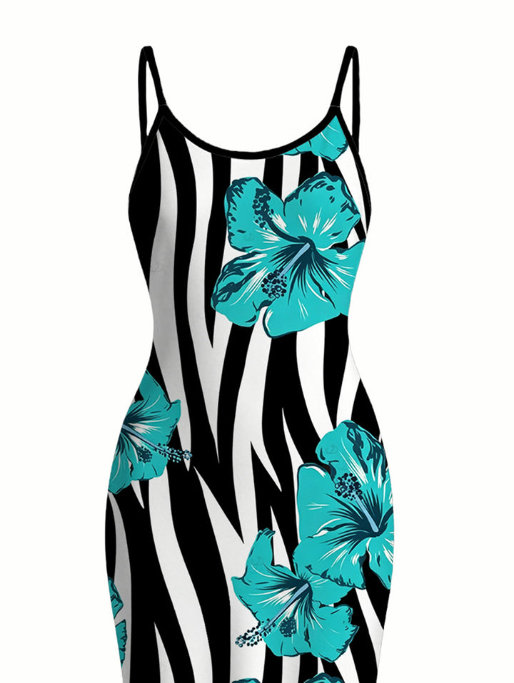 Tropical Hibiscus Floral Zebra Print Spaghetti Strap Maxi Bodycon Hawaiian Vacation Dress