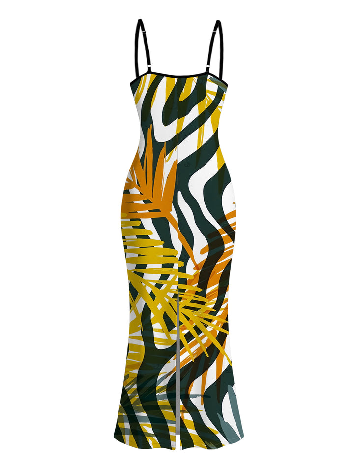 Tropical Palm Leaf Zebra Print Spaghetti Strap Maxi Bodycon Hawaiian Vacation Dress