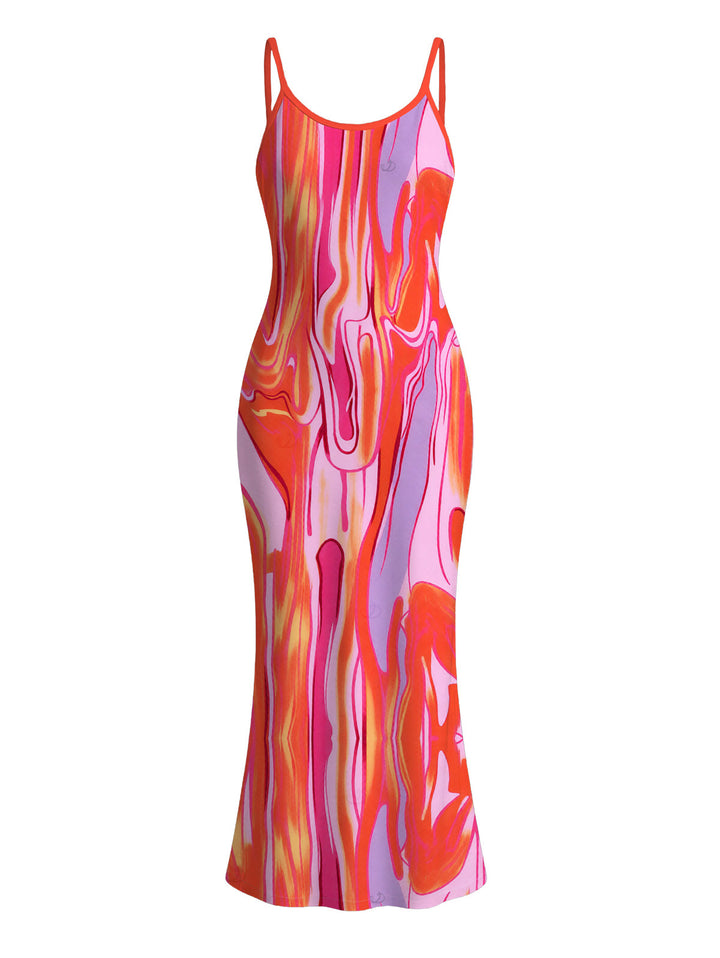 Gradient Fluid Texture Print Spaghetti Strap Maxi Bodycon Vacation Dress