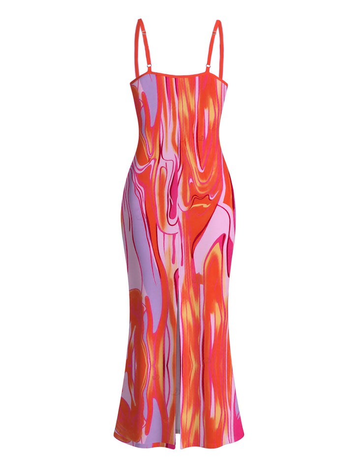 Gradient Fluid Texture Print Spaghetti Strap Maxi Bodycon Vacation Dress