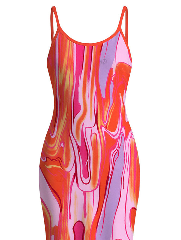 Gradient Fluid Texture Print Spaghetti Strap Maxi Bodycon Vacation Dress