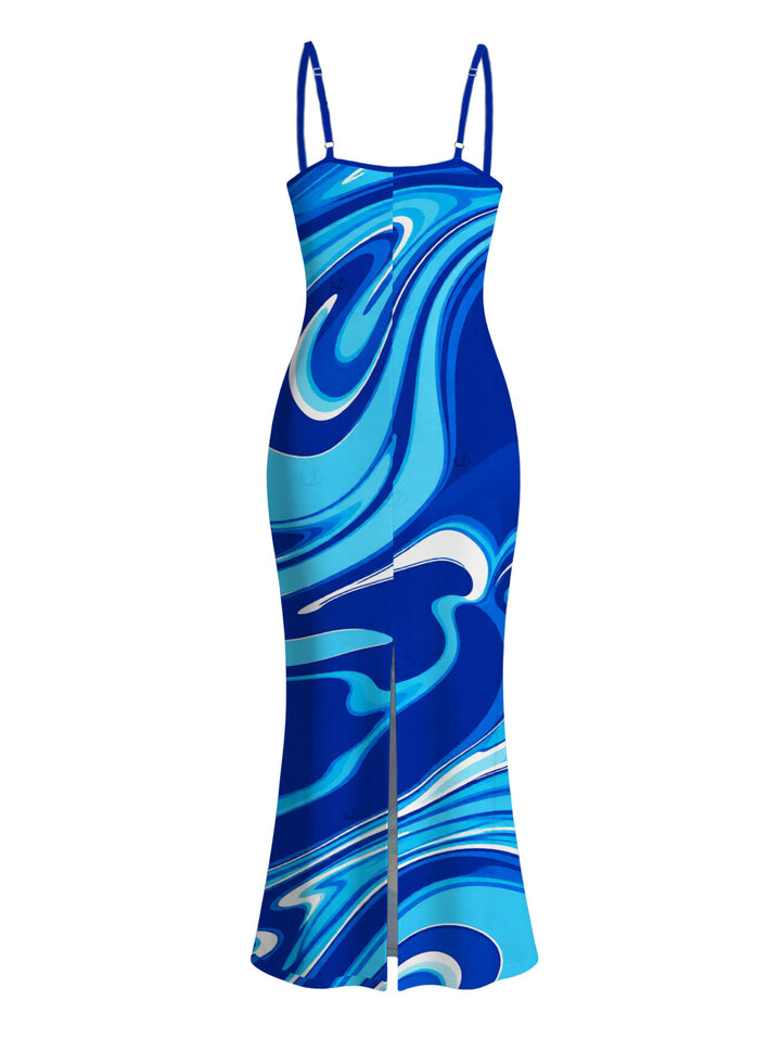 Gradient Marbled Liquid Swirl Texture Pattern Spaghetti Strap Maxi Bodycon Vacation Dress
