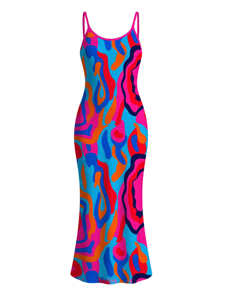 Colorful Abstract Swirl Print Spaghetti Strap Maxi Bodycon Vacation Dress