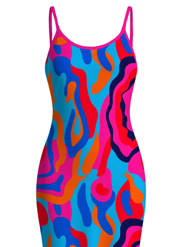 Colorful Abstract Swirl Print Spaghetti Strap Maxi Bodycon Vacation Dress