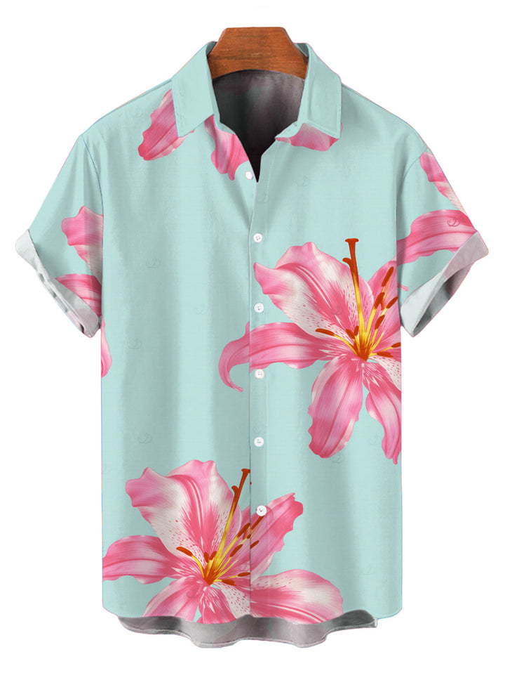 Men's Lily Floral Pattern Button Up Vacation Shirt