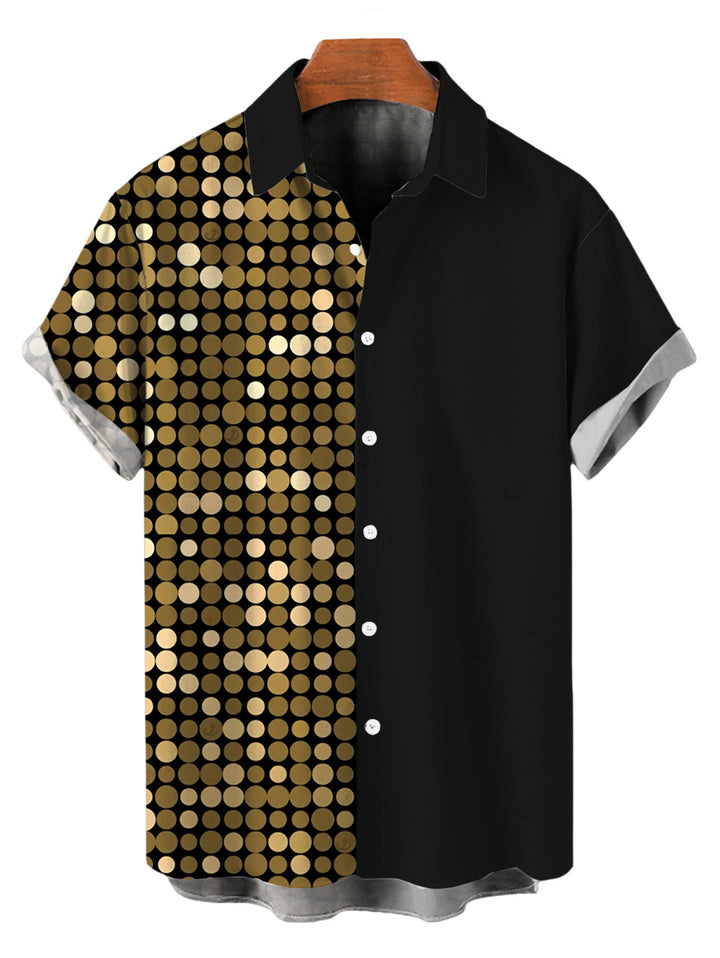 Men's Metallic Gold Geometric Dots Print Button Up Vacation Hawaiian Shirt