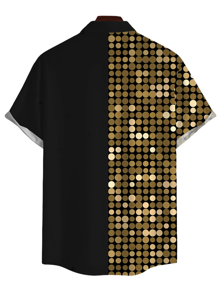 Men's Metallic Gold Geometric Dots Print Button Up Vacation Hawaiian Shirt