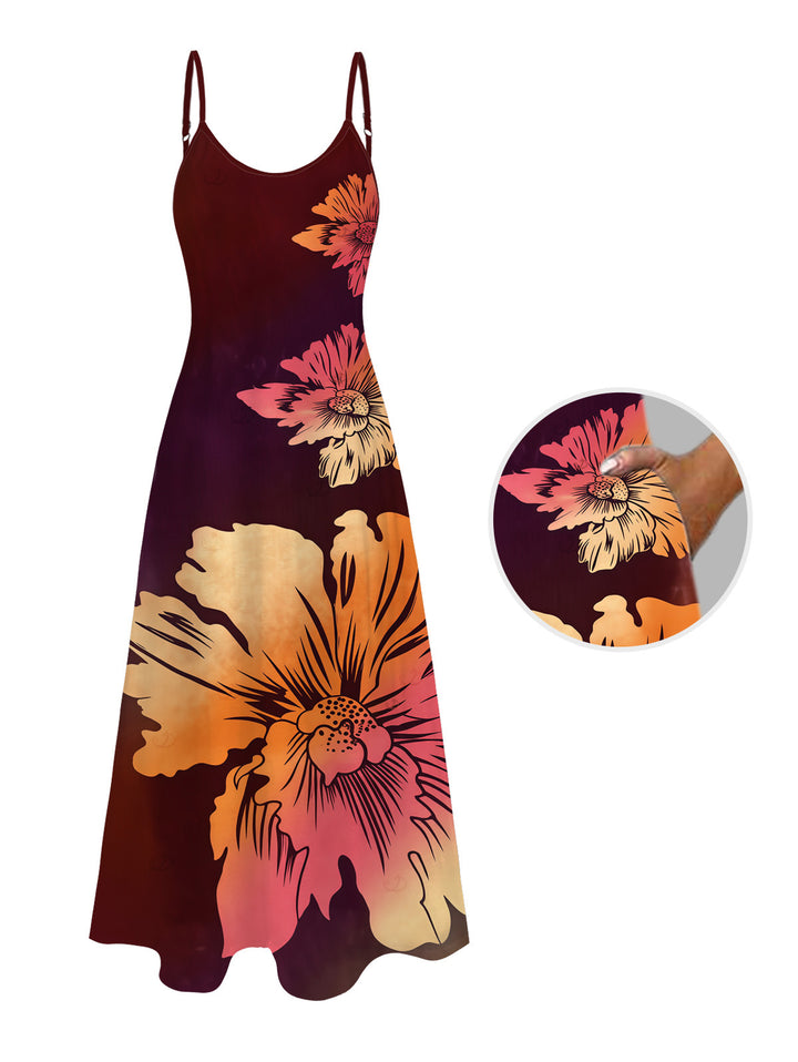 Ombre Hibiscus Floral Print Pocket Spaghetti Strap Vacation Dress