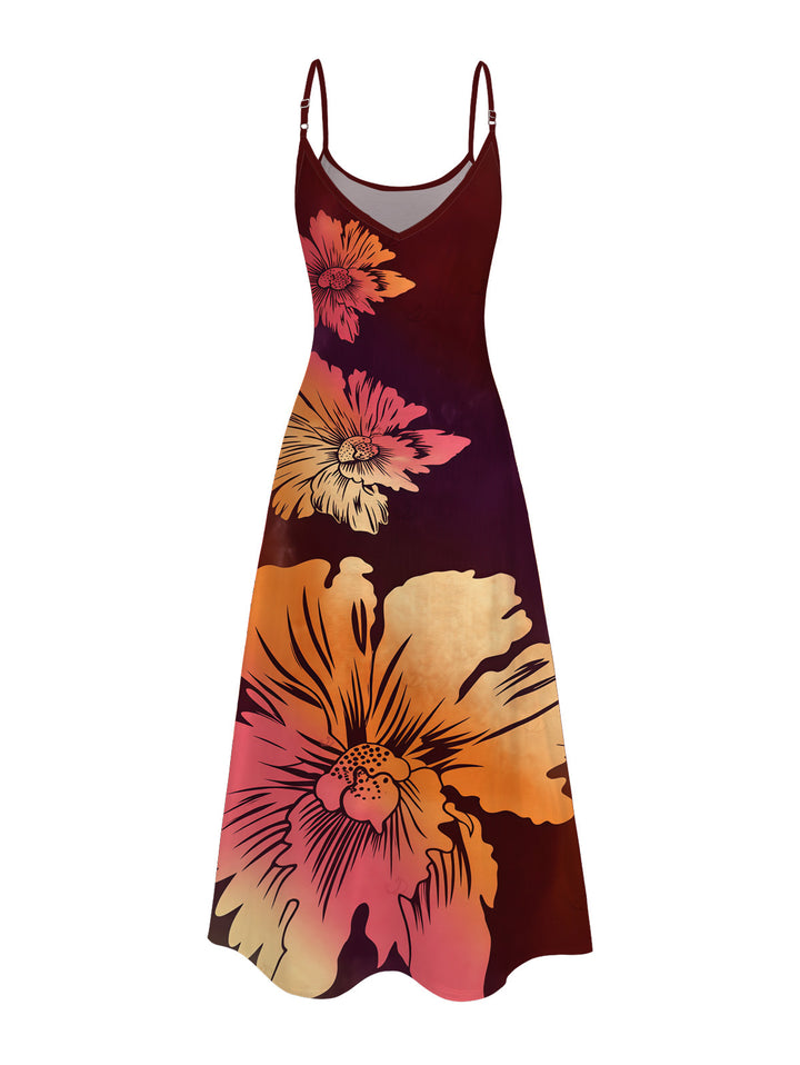 Ombre Hibiscus Floral Print Pocket Spaghetti Strap Vacation Dress