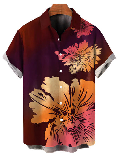 Men's Ombre Hibiscus Floral Print Button Up Vacation Shirt