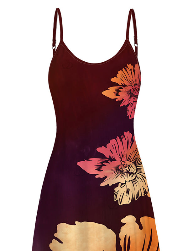 Ombre Hibiscus Floral Print Pocket Spaghetti Strap Vacation Dress