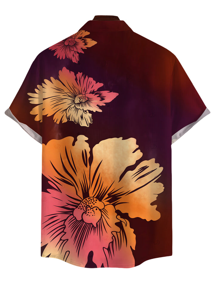 Men's Ombre Hibiscus Floral Print Button Up Vacation Shirt