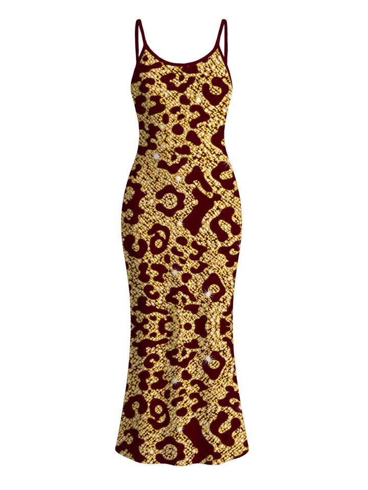 Sequined Leopard Print Spaghetti Strap Maxi Bodycon Vacation Dress