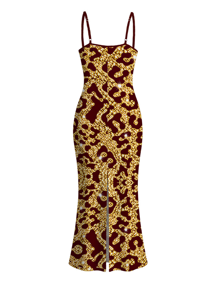 Sequined Leopard Print Spaghetti Strap Maxi Bodycon Vacation Dress
