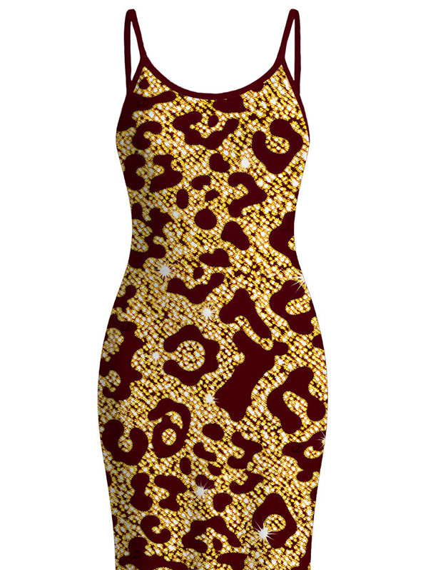 Sequined Leopard Print Spaghetti Strap Maxi Bodycon Vacation Dress