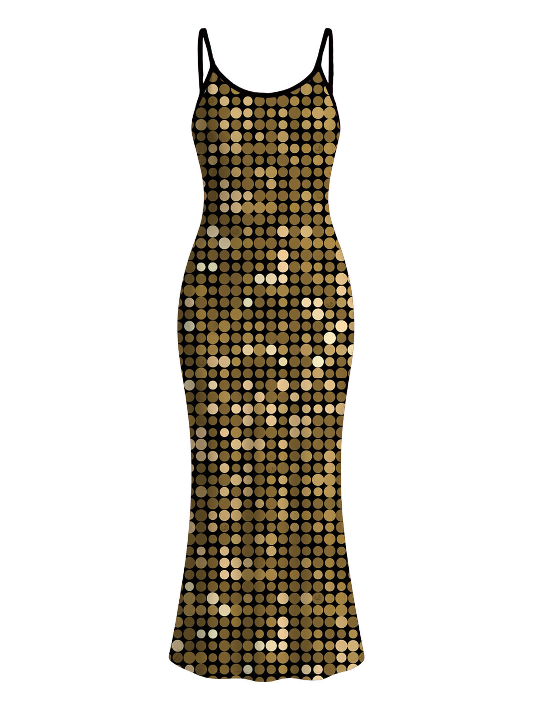 Metallic Gold Dots Geometric Print Spaghetti Strap Maxi Bodycon Vacation Hawaiian Dress