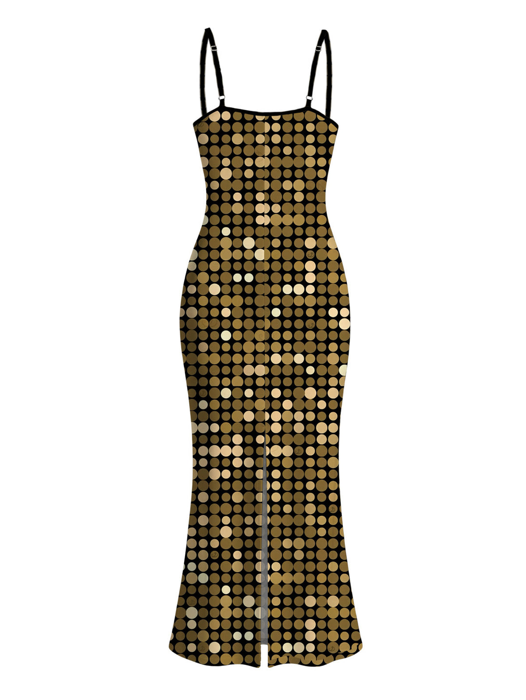 Metallic Gold Dots Geometric Print Spaghetti Strap Maxi Bodycon Vacation Hawaiian Dress