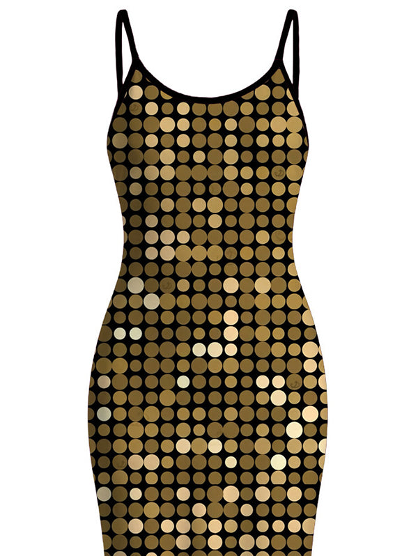 Metallic Gold Dots Geometric Print Spaghetti Strap Maxi Bodycon Vacation Hawaiian Dress