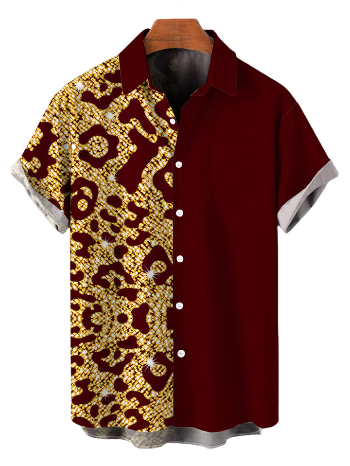 Men's Colorblock Sequined Leopard Print Button Up Vacation Shirt