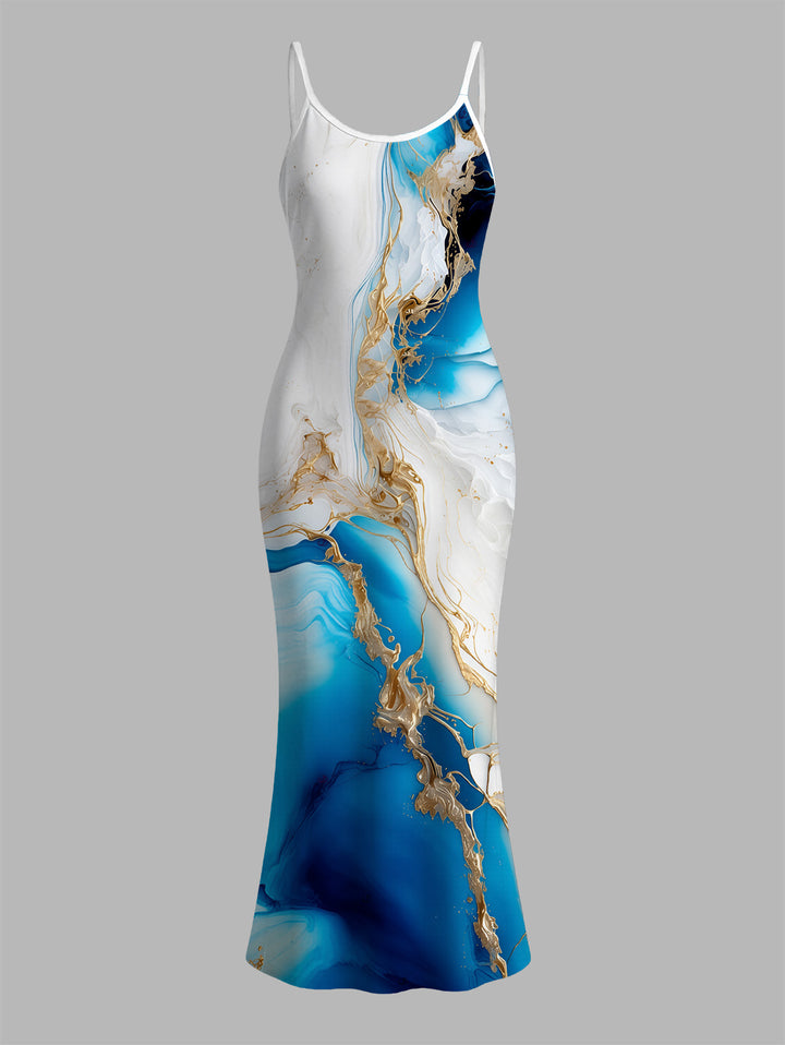 Metallic Gold Marble Fluid Print Spaghetti Strap Maxi Bodycon Hawaiian Vacation Dress
