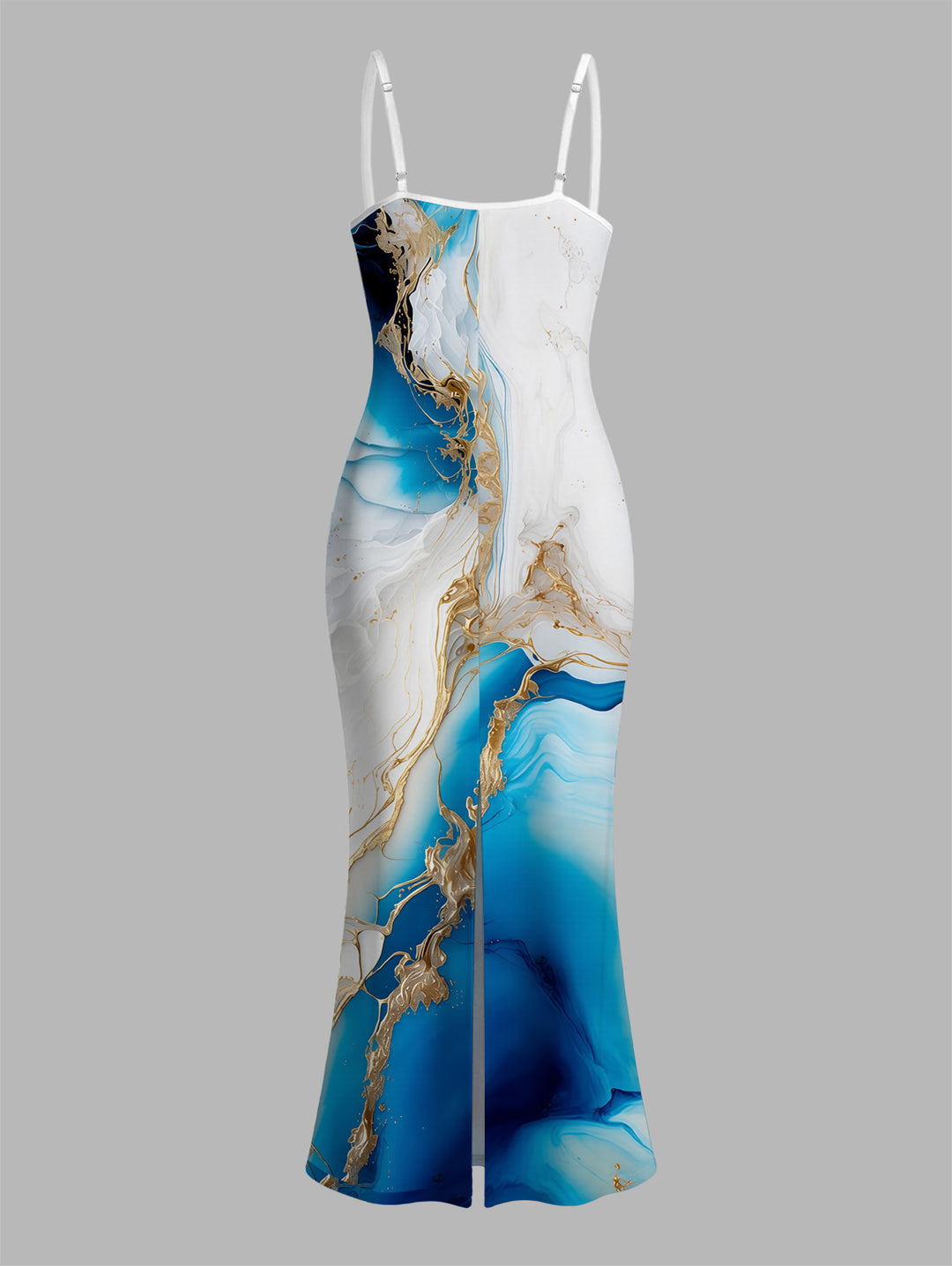 Metallic Gold Marble Fluid Print Spaghetti Strap Maxi Bodycon Hawaiian Vacation Dress
