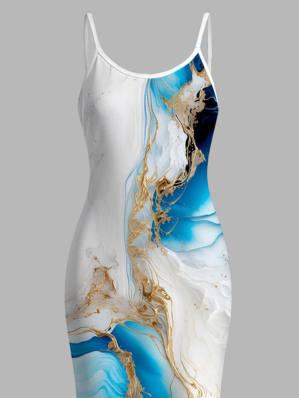 Metallic Gold Marble Fluid Print Spaghetti Strap Maxi Bodycon Hawaiian Vacation Dress