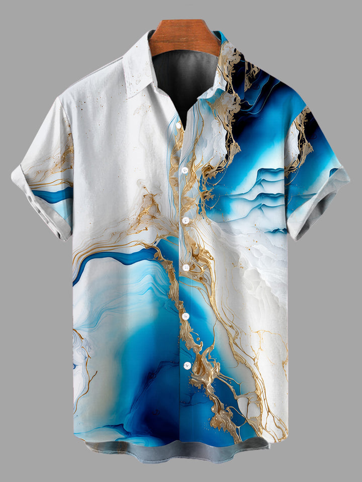 Men's Metallic Gold Marble Fluid Print Button Up Hawaiian Vacation Shirt