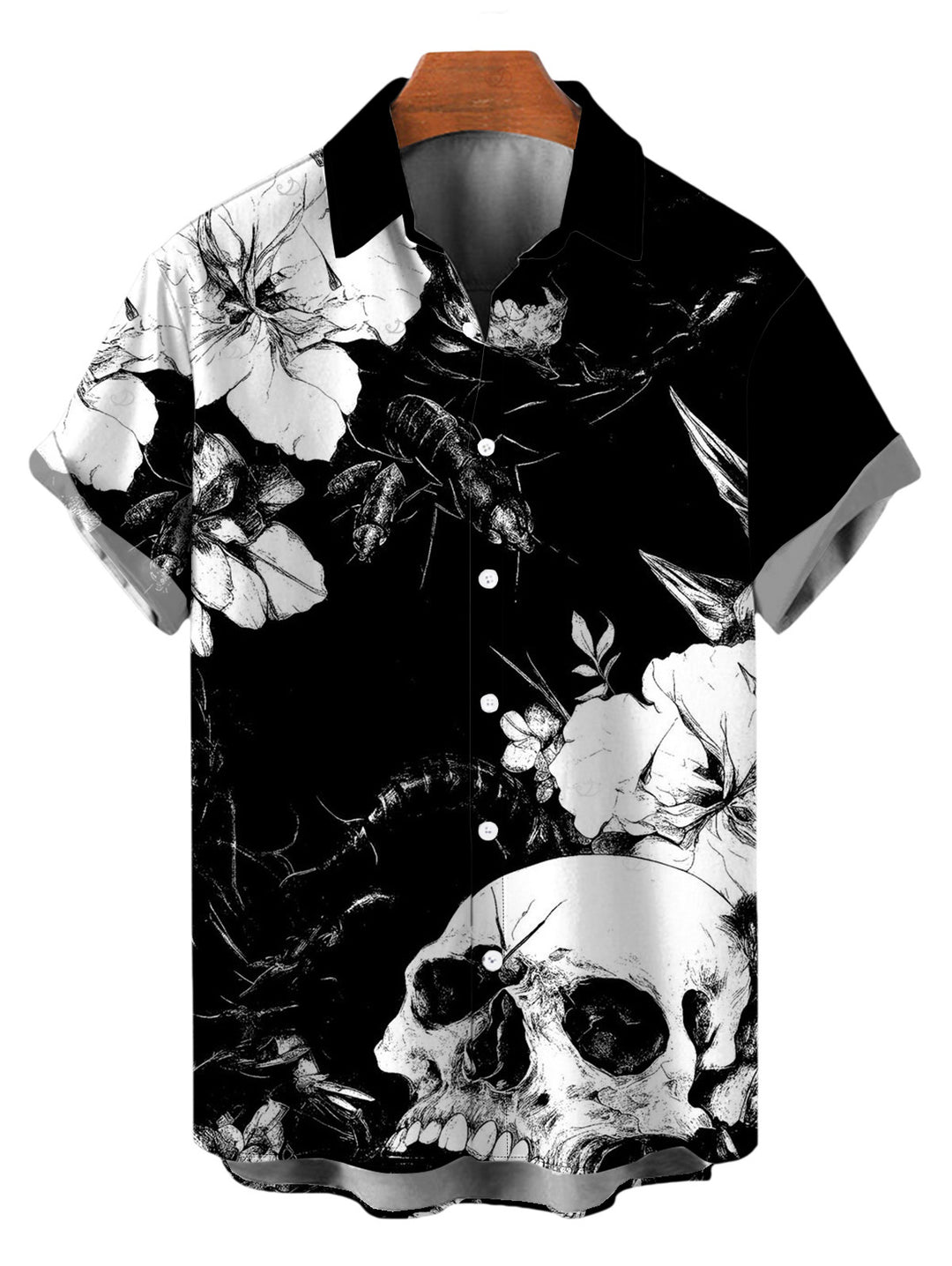 Men's Monochrome Skulls Insects Floral Print Button Up Vacation Gothic Shirt