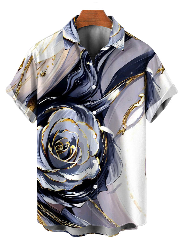 Men's Metallic Marble Fluid Rose Floral Print Button Up Vacation Shirt