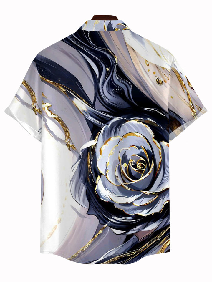 Men's Metallic Marble Fluid Rose Floral Print Button Up Vacation Shirt