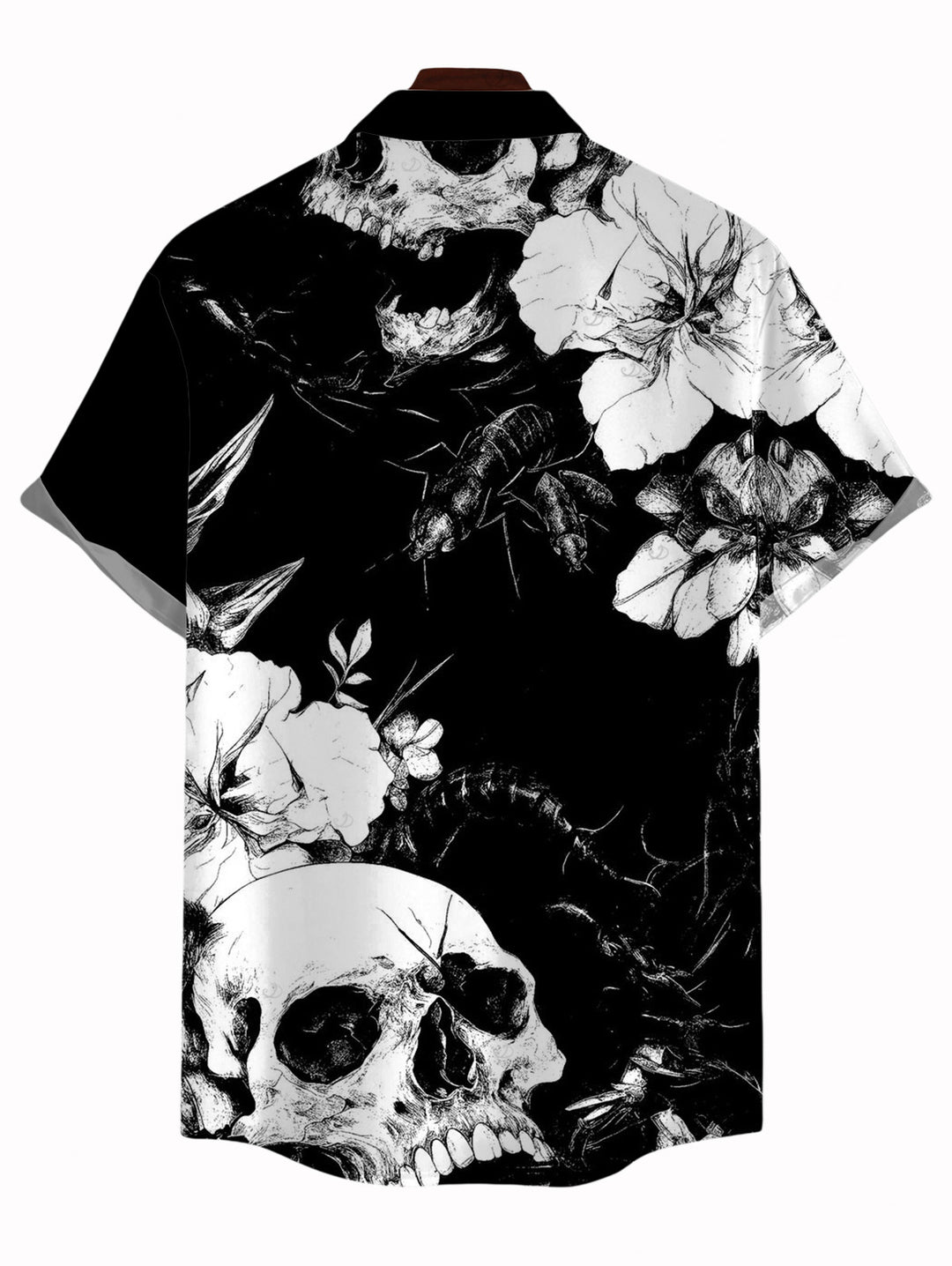 Men's Monochrome Skulls Insects Floral Print Button Up Vacation Gothic Shirt