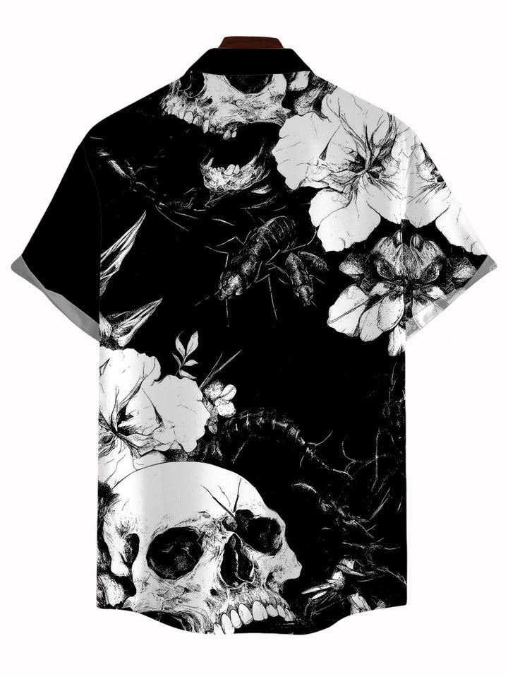 Men's Monochrome Skulls Insects Floral Print Button Up Vacation Gothic Shirt