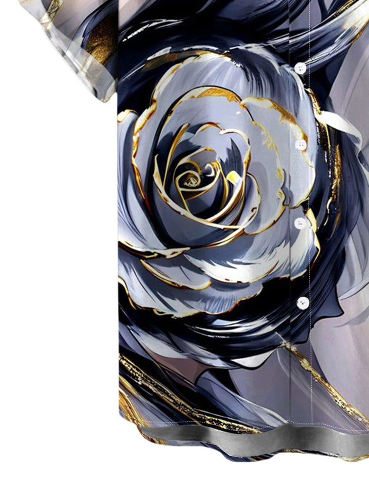 Men's Metallic Marble Fluid Rose Floral Print Button Up Vacation Shirt