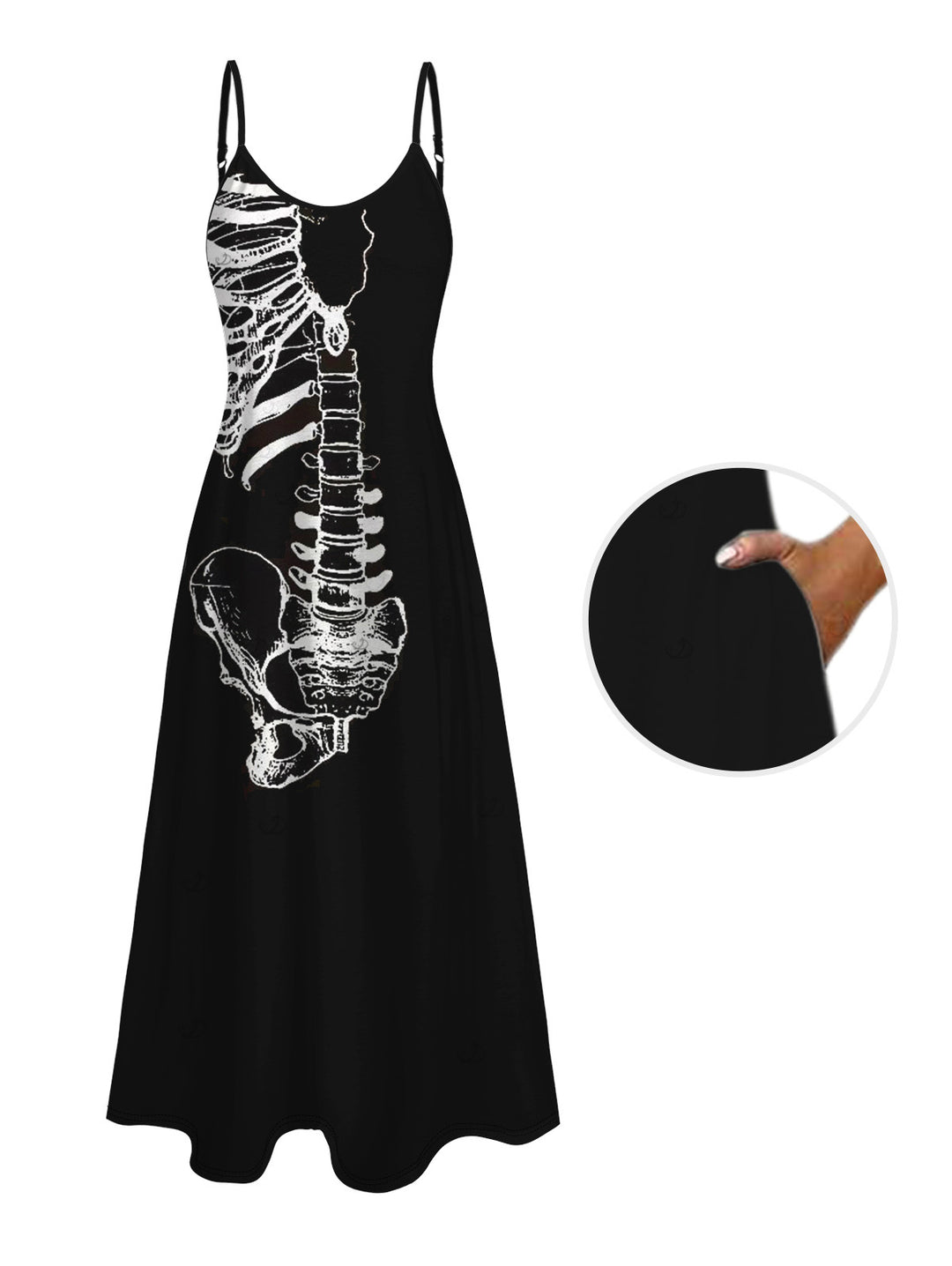Skeleton Bond Print Pocket Spaghetti Strap Gothic Dress
