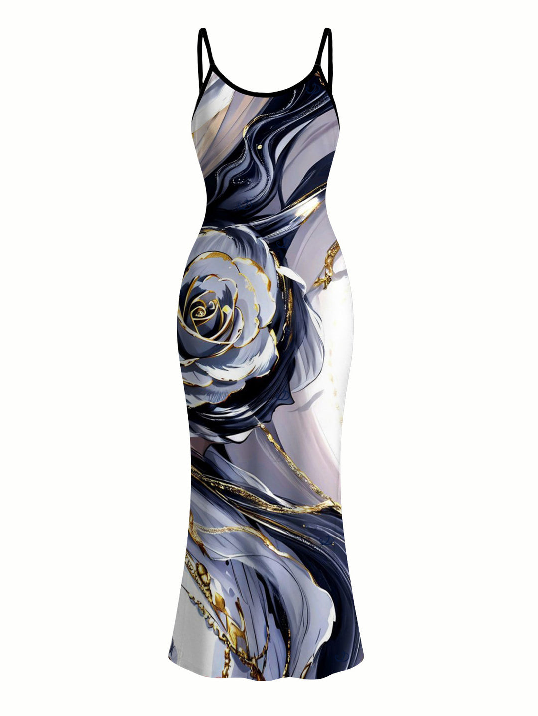 Metallic Marble Fluid Rose Floral Print Spaghetti Strap Maxi Bodycon Vacation Dress