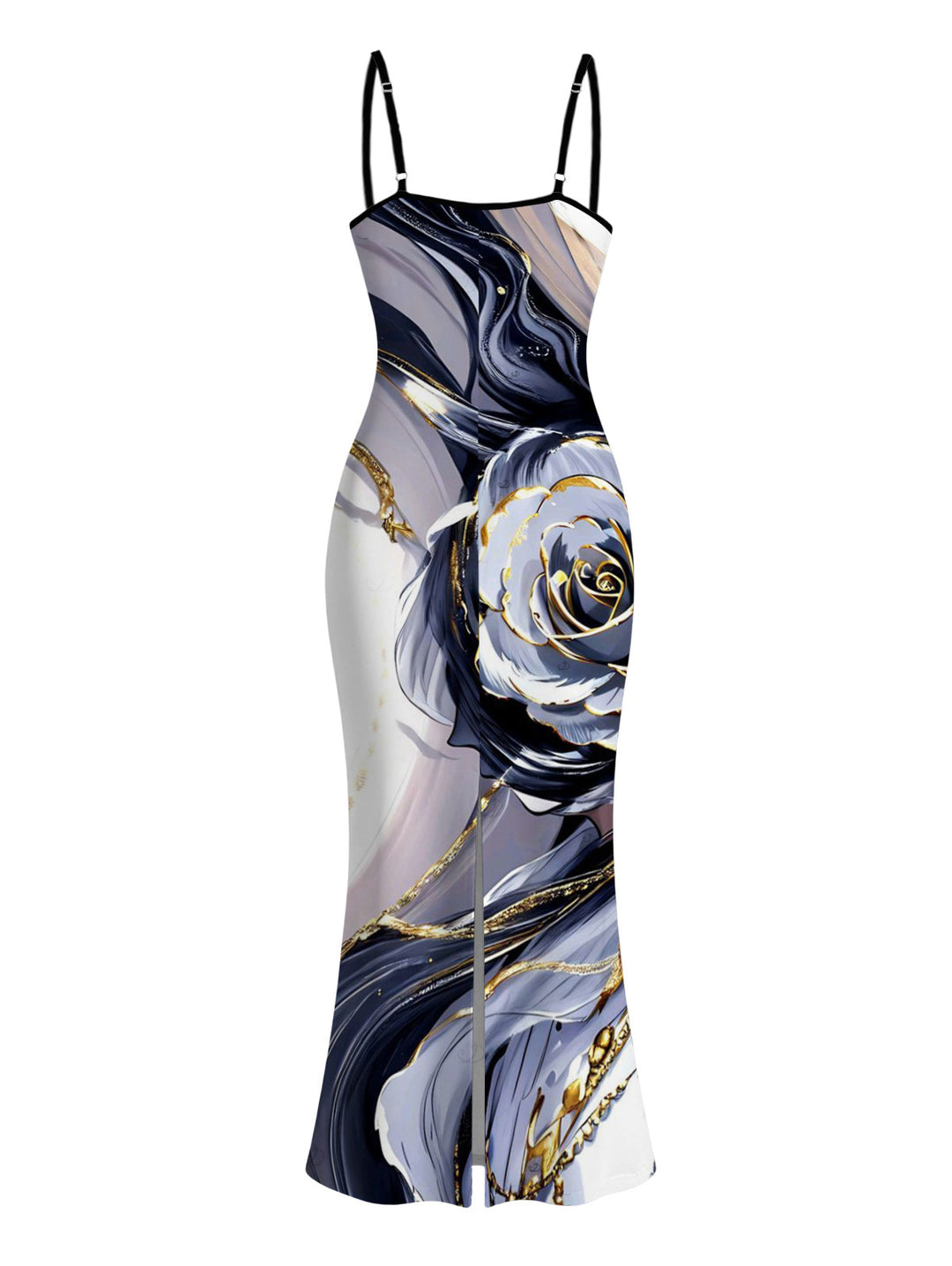 Metallic Marble Fluid Rose Floral Print Spaghetti Strap Maxi Bodycon Vacation Dress