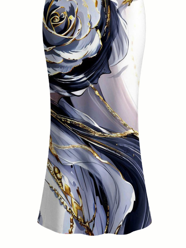 Metallic Marble Fluid Rose Floral Print Spaghetti Strap Maxi Bodycon Vacation Dress