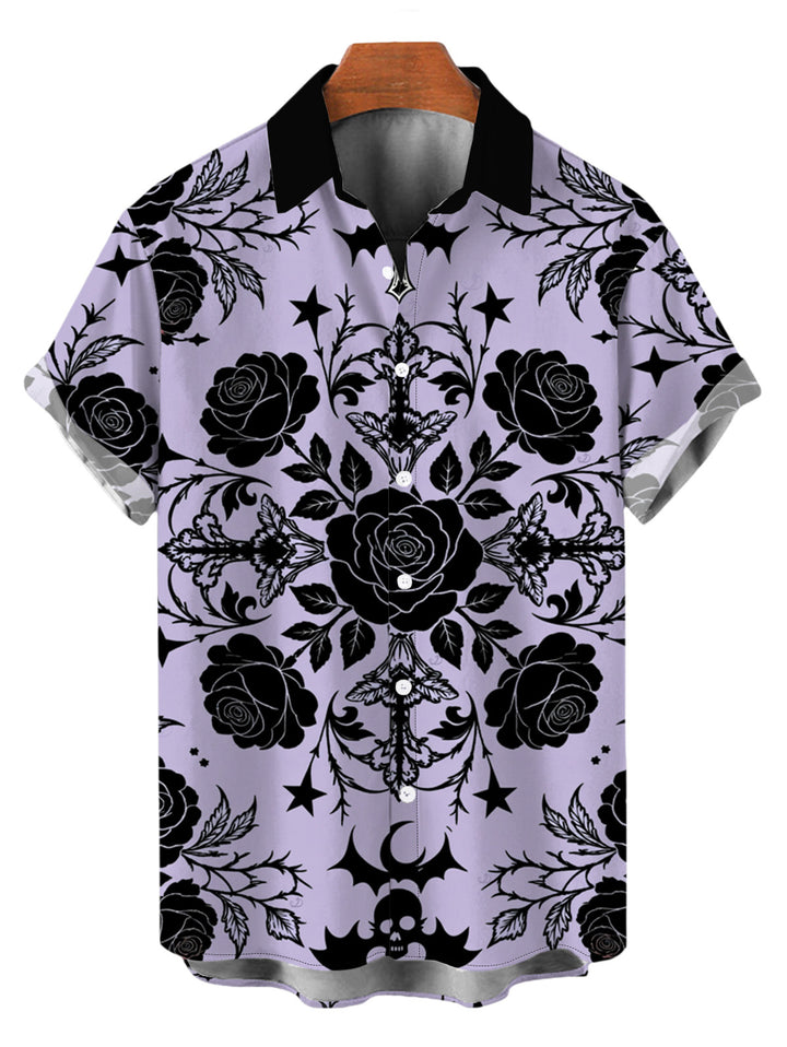 Men's Rose Cross Skulls Bats Print Button Up Gothic Shirt