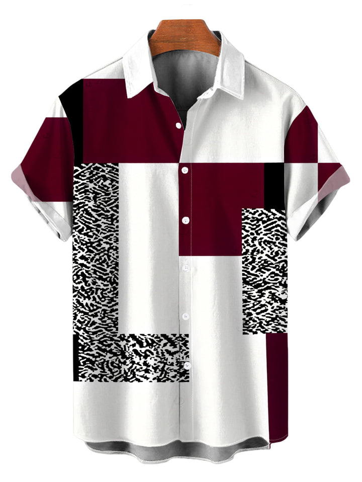 Men's Colorblock Leopard Geometric Patchwork Print Button Up Vacation Shirt