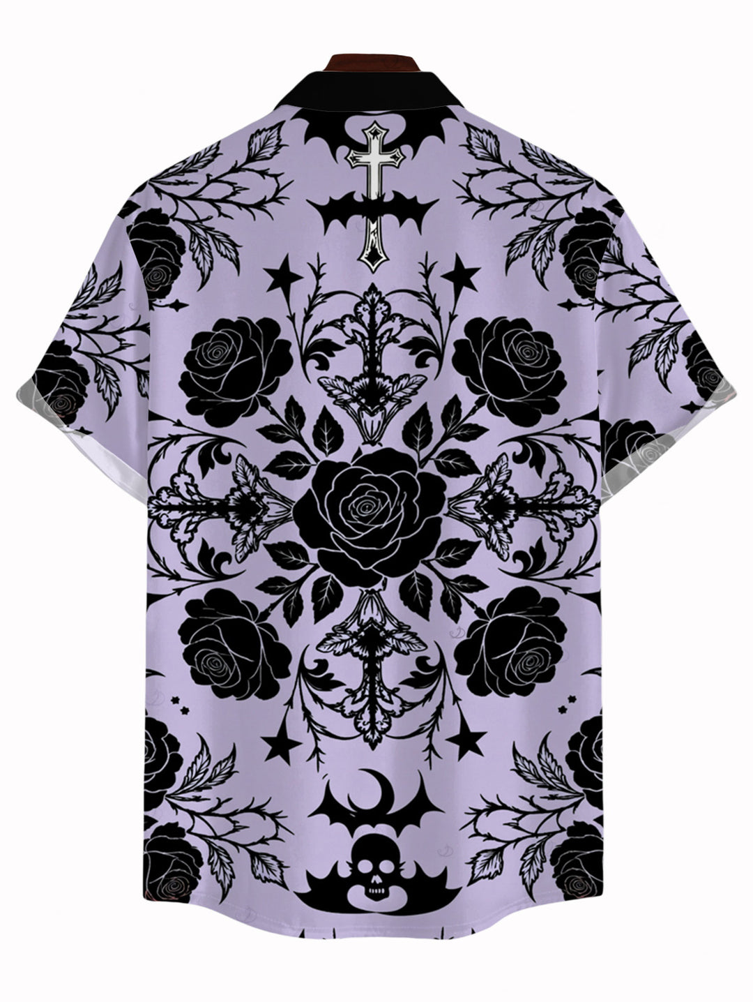 Men's Rose Cross Skulls Bats Print Button Up Gothic Shirt