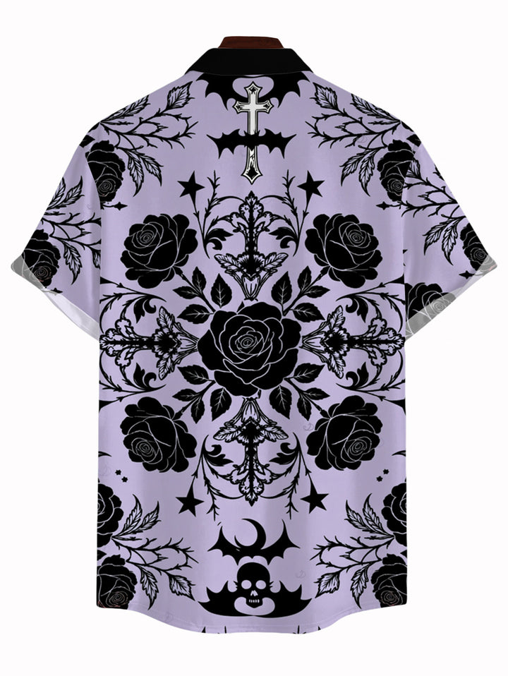 Men's Rose Cross Skulls Bats Print Button Up Gothic Shirt