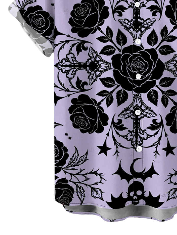 Men's Rose Cross Skulls Bats Print Button Up Gothic Shirt
