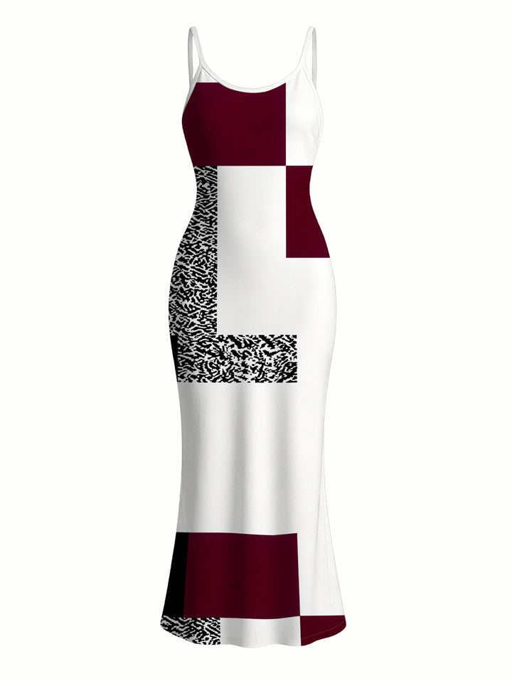 Colorblock Leopard Geometric Patchwork Print Spaghetti Strap Maxi Bodycon Vacation Dress