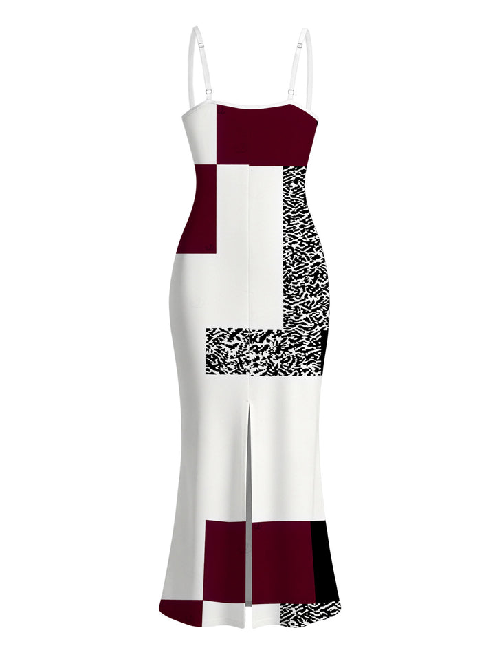 Colorblock Leopard Geometric Patchwork Print Spaghetti Strap Maxi Bodycon Vacation Dress
